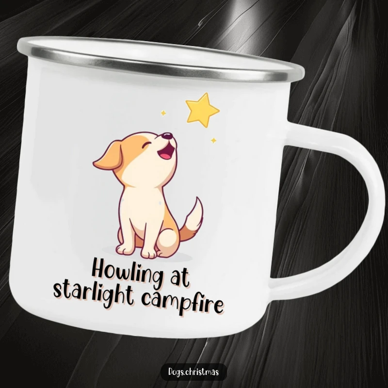 Funny Howling Dog Camping Mug: An enamel mug showing a happy dog howling at a twinkling star, perfect for the outdoors.