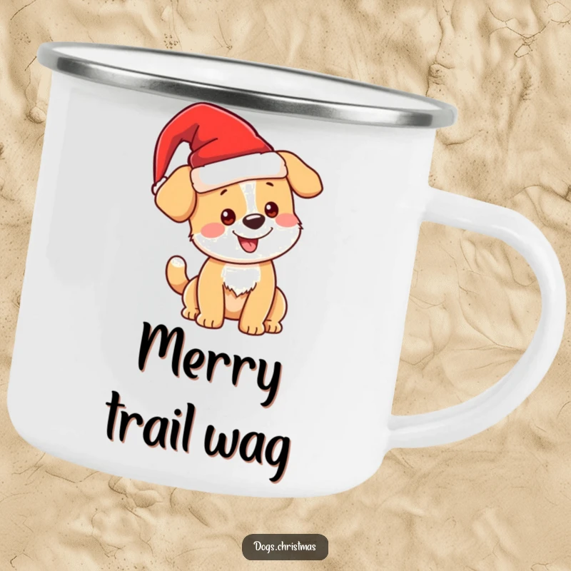 Funny kawaii Christmas dog in a Santa hat on a camping mug, festive outdoor gear, cute pup design, perfect funny gift.