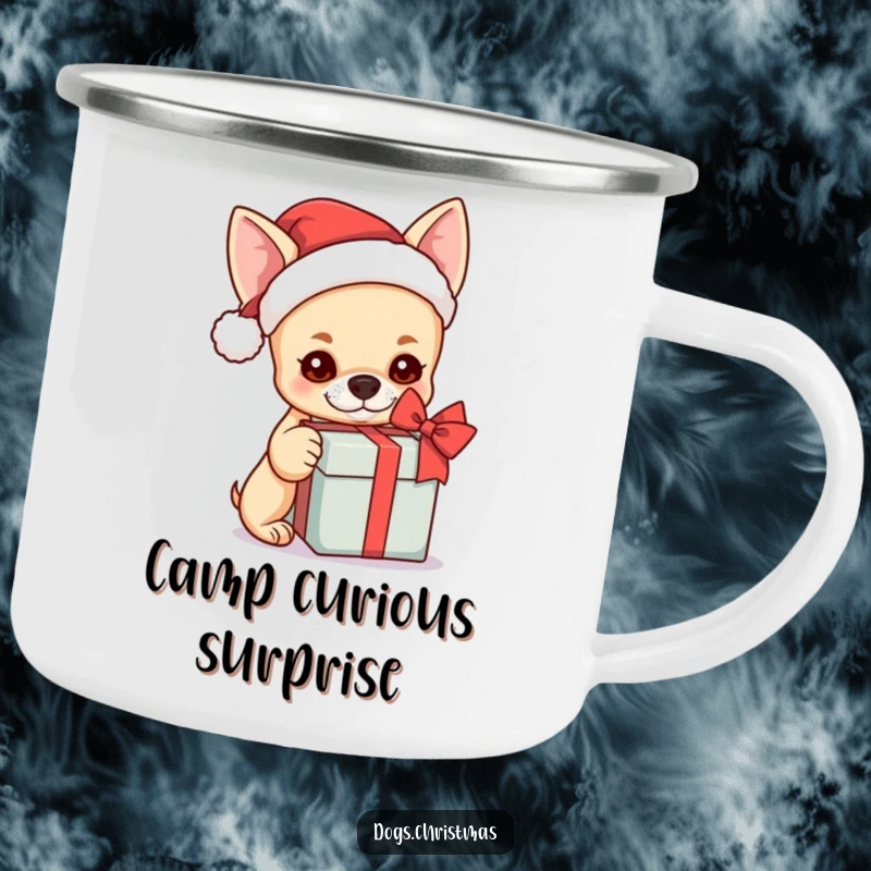Funny kawaii chihuahua in a Santa hat curiously shaking a gift box, perfect for outdoor use.