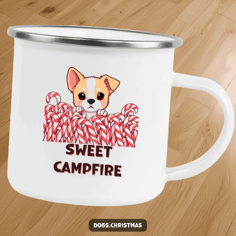 Funny dog camping mug, curious pup peeking from behind pile of candy canes, eyes wide, perfect for outdoor holiday fun.