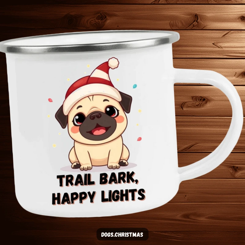 Funny Kawaii Pug Camping Mug: A happy pug in an elf hat barks with festive lights, a humorous and durable drinkware for adventures.