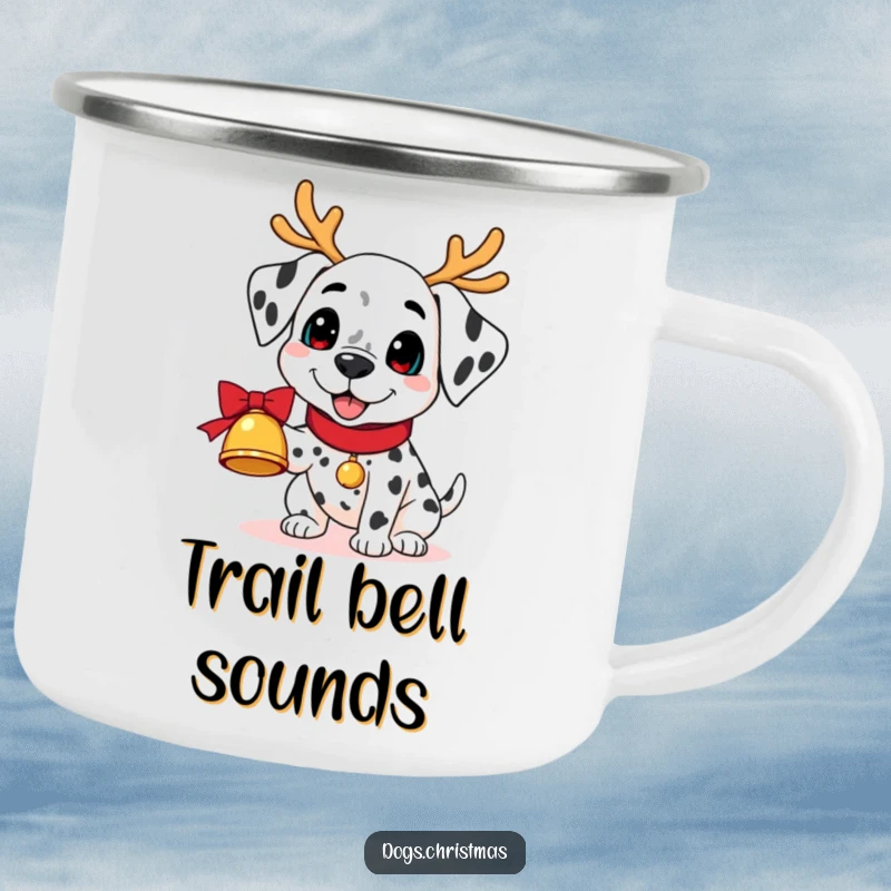 Funny Kawaii Dalmatian Camping Mug: A dalmatian in reindeer antlers holds a jingling bell, a humorous and durable outdoor drinkware.