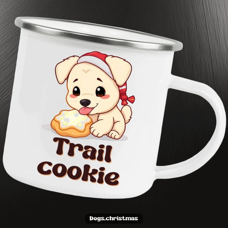 Funny Kawaii Dog Camping Mug: A dog enjoys a glowing Christmas cookie, bringing funny holiday magic to outdoor adventures.