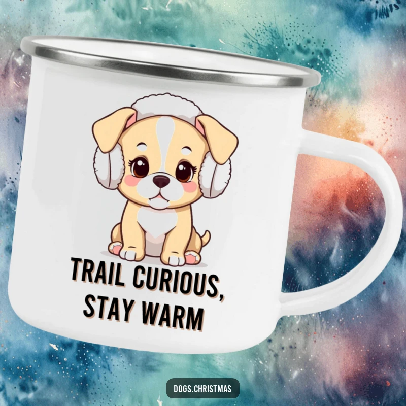 Funny Kawaii Puppy Camping Mug: An enamel mug featuring a curious kawaii puppy wearing festive earmuffs, ideal for camping.
