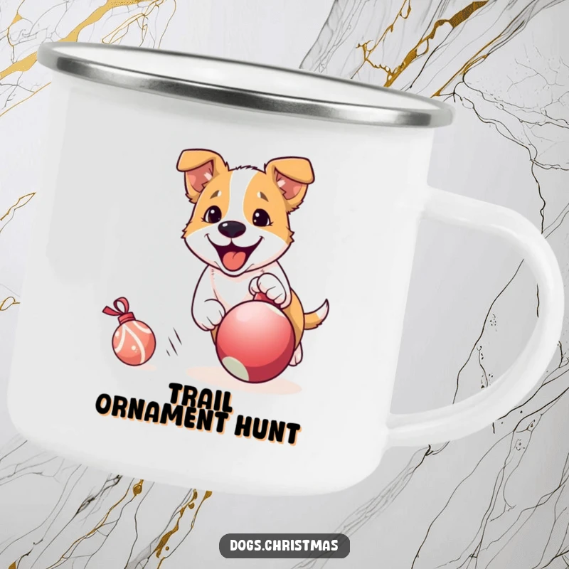 Funny Dog Camping Mug: A joyful dog chases a rolling Christmas ornament, bringing holiday excitement and playful energy to outdoor adventures.