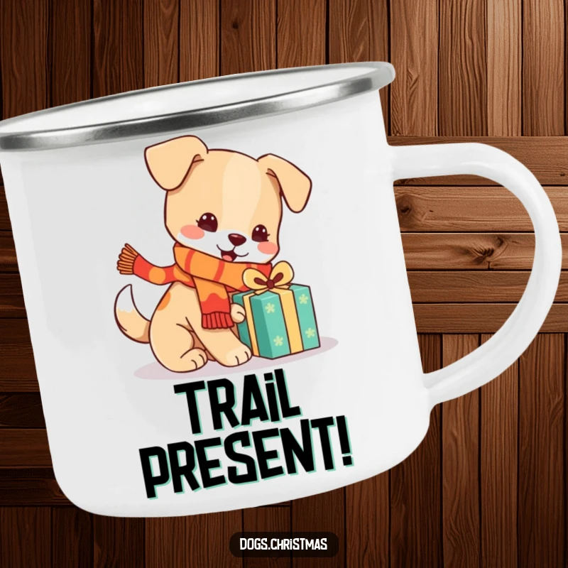 Funny kawaii dog in a scarf on a camping mug, festive outdoor gear, cute pup design, perfect funny gift.