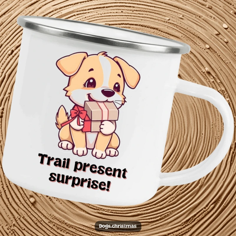 Funny Dog Camping Mug: A happy dog holds a present, tail wagging, perfect for enjoying drinks outdoors with canine cheer.