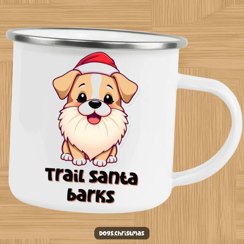 Funny Dog Camping Mug with a dog wearing a Santa beard and barking playfully, perfect for outdoor holiday fun.
