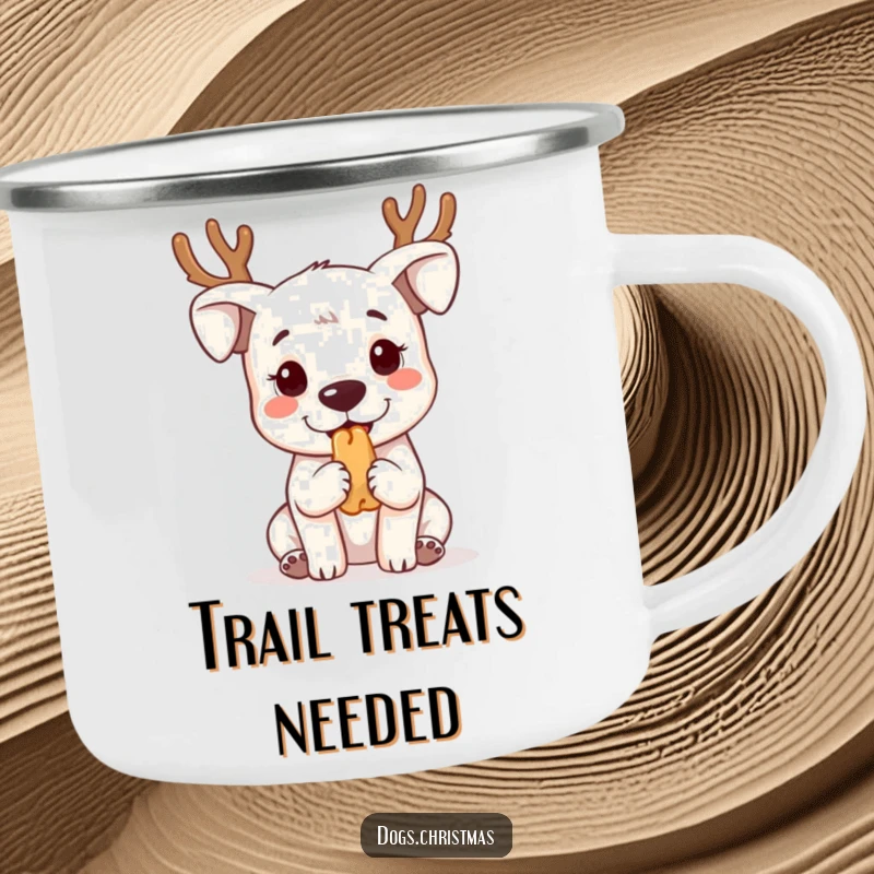 Funny kawaii dog wearing reindeer antlers, begging for treats, on a durable camping mug for adventures.