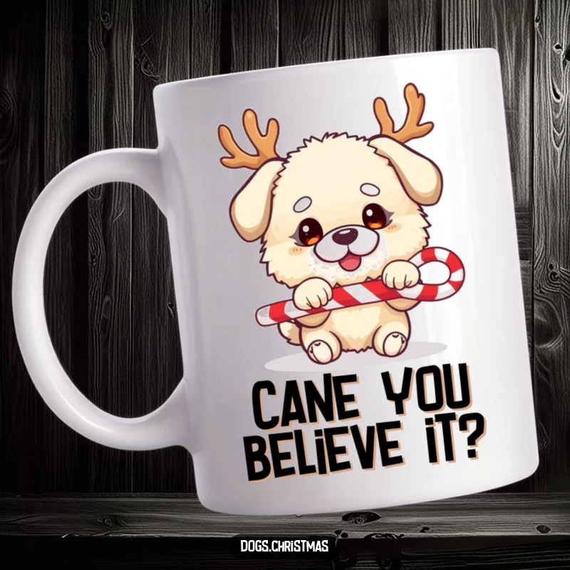 Funny dog mug, fluffy character with antlers, playing tug-of-war with a candy cane, festive and playful.