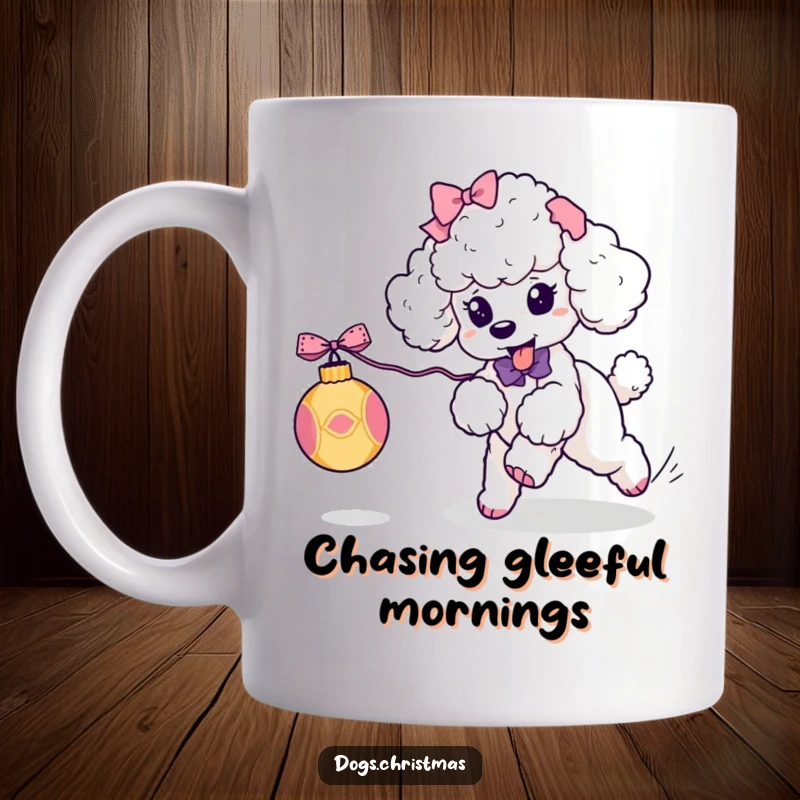 Funny Kawaii Poodle Mug: A cute poodle with ribbons playfully chases a rolling Christmas ornament, a humorous holiday pet scene.