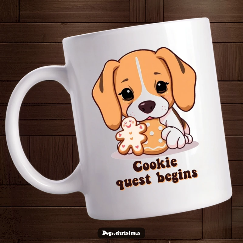 Funny Beagle Mug: A curious beagle sniffs a gingerbread cookie with intense interest, a humorous depiction of canine delight.