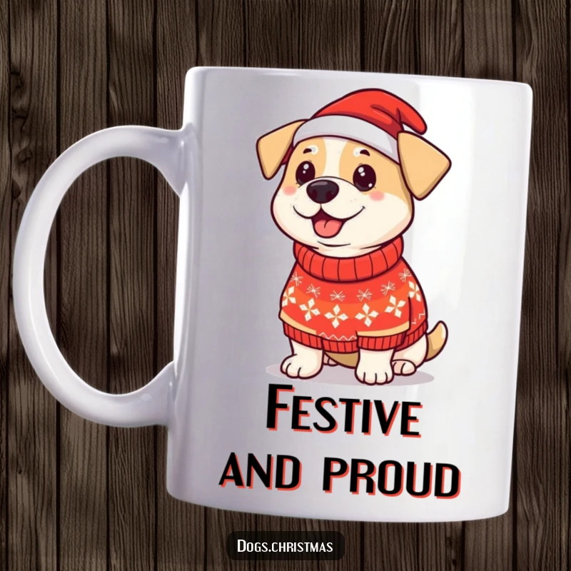 Funny Dog Christmas Sweater Mug: A proud dog wears a silly Christmas sweater, showcasing festive fashion with humor.