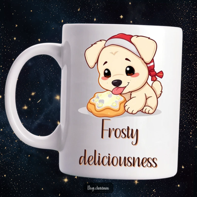 Funny Kawaii Dog Mug: A dog licks frost off a glowing Christmas cookie, embodying funny holiday indulgence and wonder.