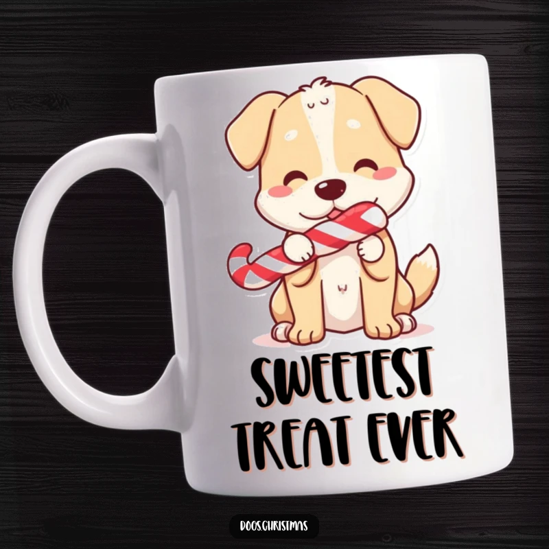 Funny Mug: A happy dog character holding a large candy cane in its mouth, tail wagging, embodying festive sweetness.