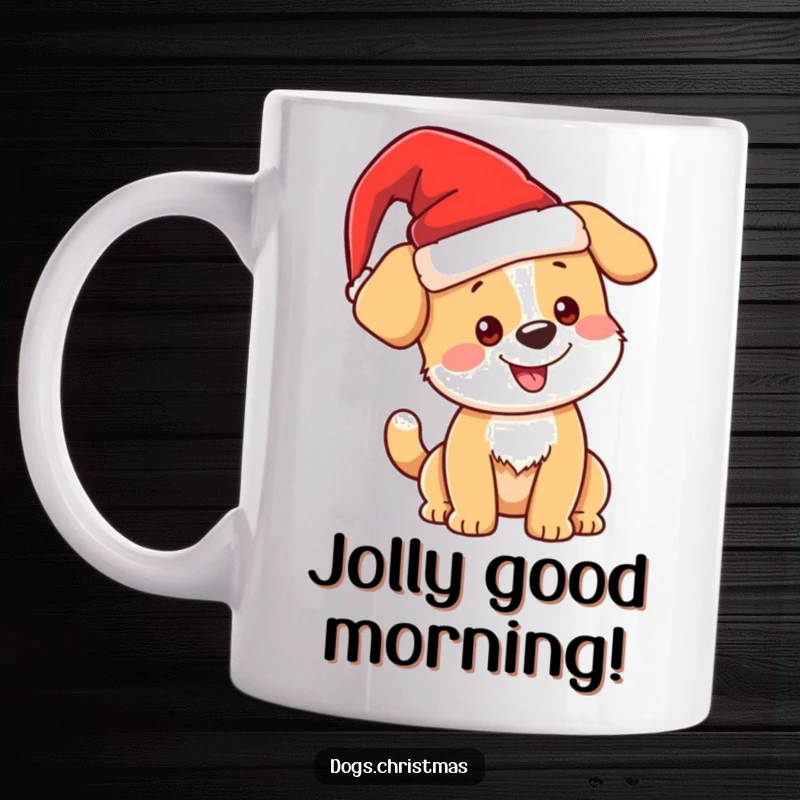 Funny kawaii Christmas dog wearing a Santa hat, wagging tail, festive holiday mug, perfect gift for dog lovers.