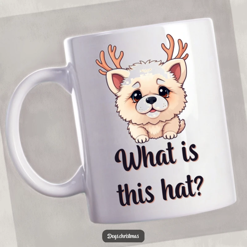 Funny mug featuring a fluffy dog wearing antlers, looking playfully confused, embodying holiday mischief.