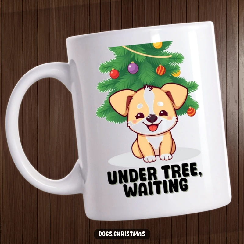 Funny Dog Christmas Mug: A dog grins mischievously while peeking from under a Christmas tree, perfect for holiday coffee.