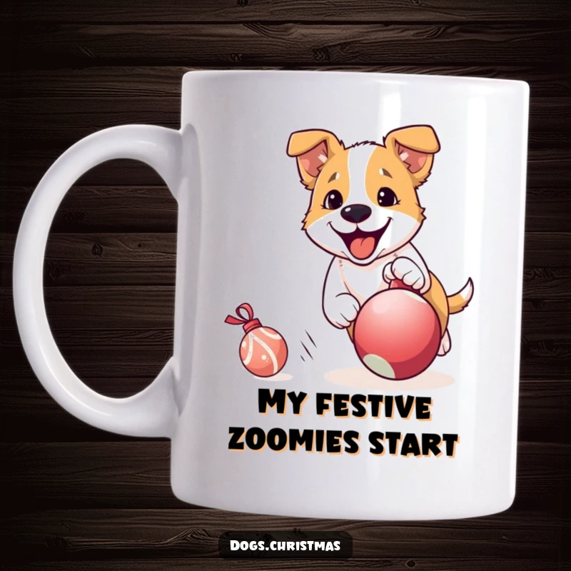 Funny Dog Mug: Energetic dog gleefully chases a rolling Christmas ornament, embodying pure holiday excitement and playful mischief.
