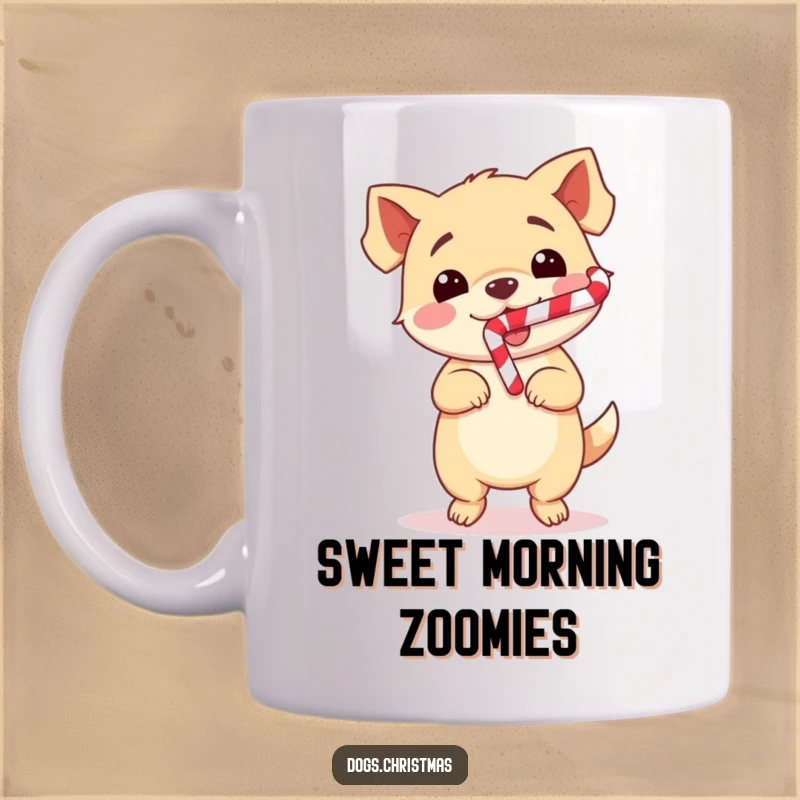 Funny Dog Mug featuring a cute kawaii pup doing a happy dance with a candy cane in its mouth, embodying pure joy.