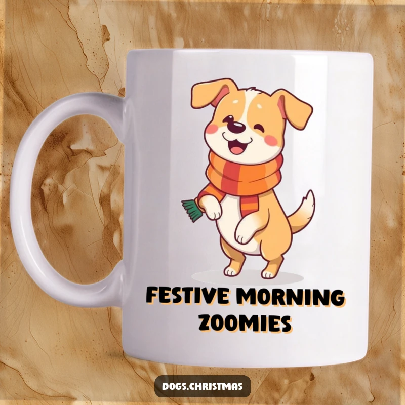 Funny Dog Mug: A happy dog wearing a festive scarf does a joyful prance, showcasing pure canine delight.