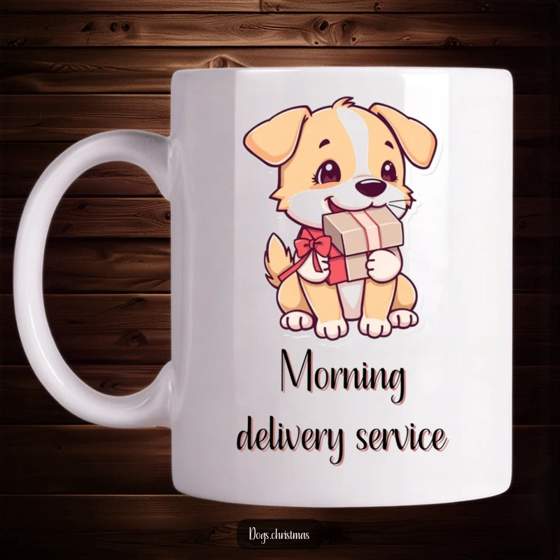 Funny Dog Mug: A happy dog with a present in its mouth and a rapidly wagging tail, conveying pure canine joy and excitement.