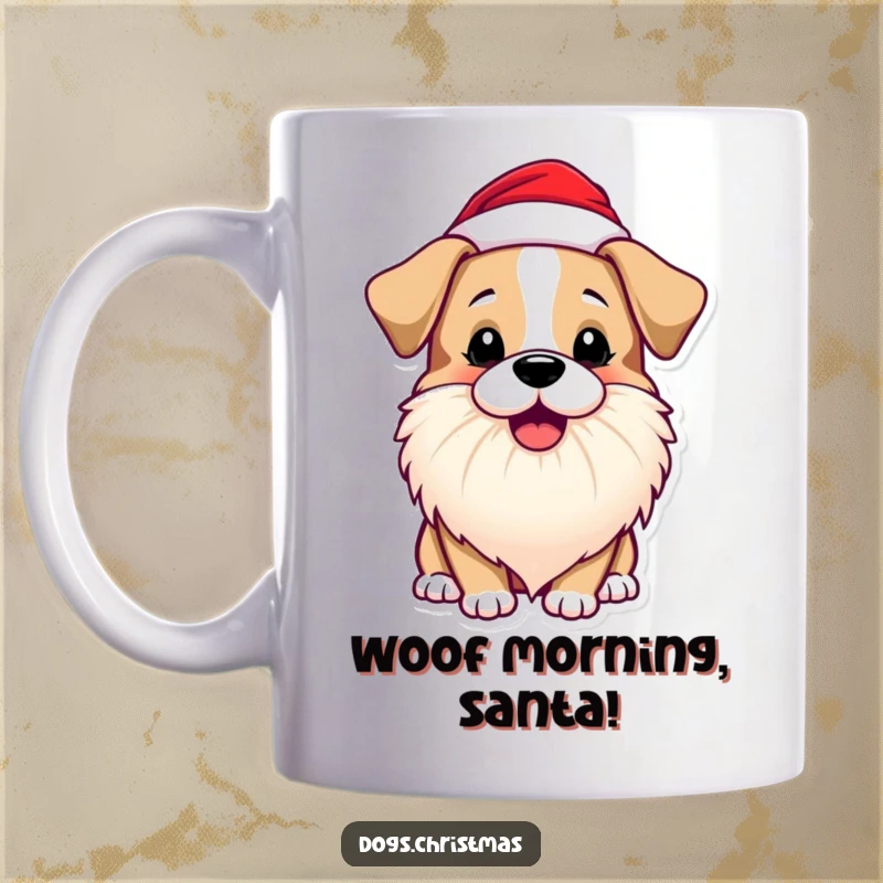 Funny Dog Mug featuring a cute dog wearing a Santa beard and letting out a playful bark, ready for Christmas fun.