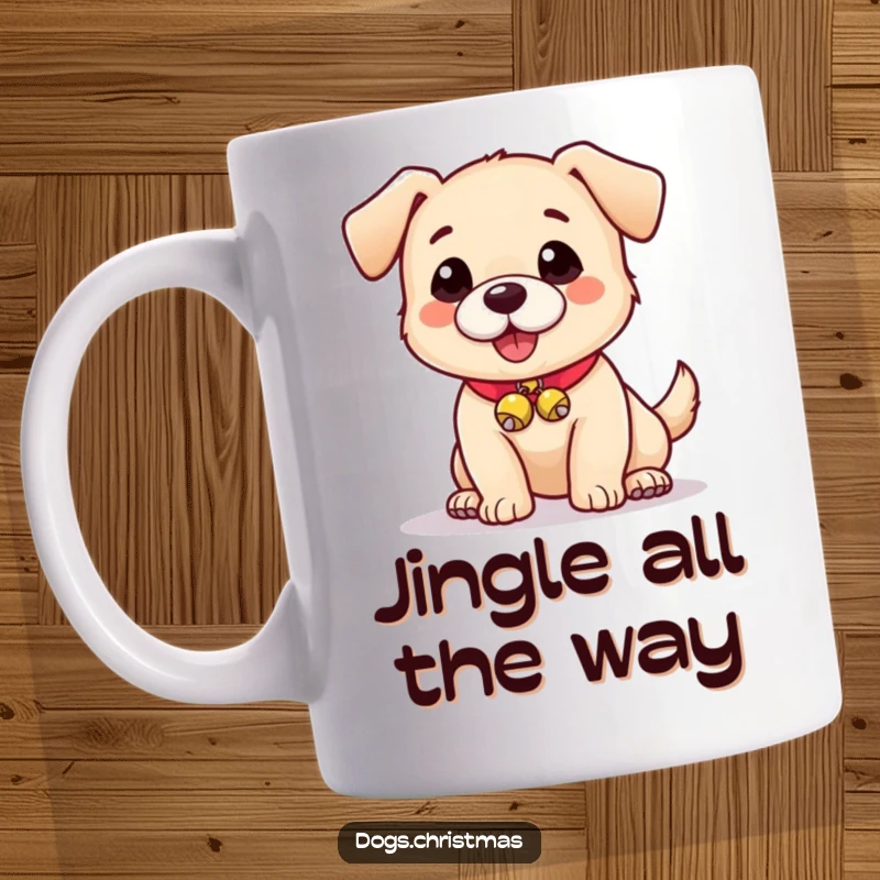 Funny mug showcasing a cute dog with tiny jingle bells on its collar, embodying playful mischief.