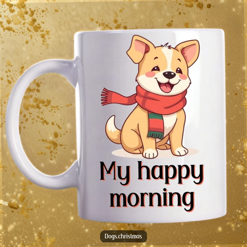 Funny festive dog mug featuring a happy dog in a scarf, tail wagging with pure, infectious joy.