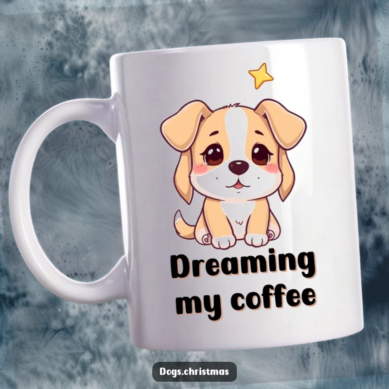 Funny mug showing a dog with a hopeful expression gazing intently towards a twinkling star in the night sky.