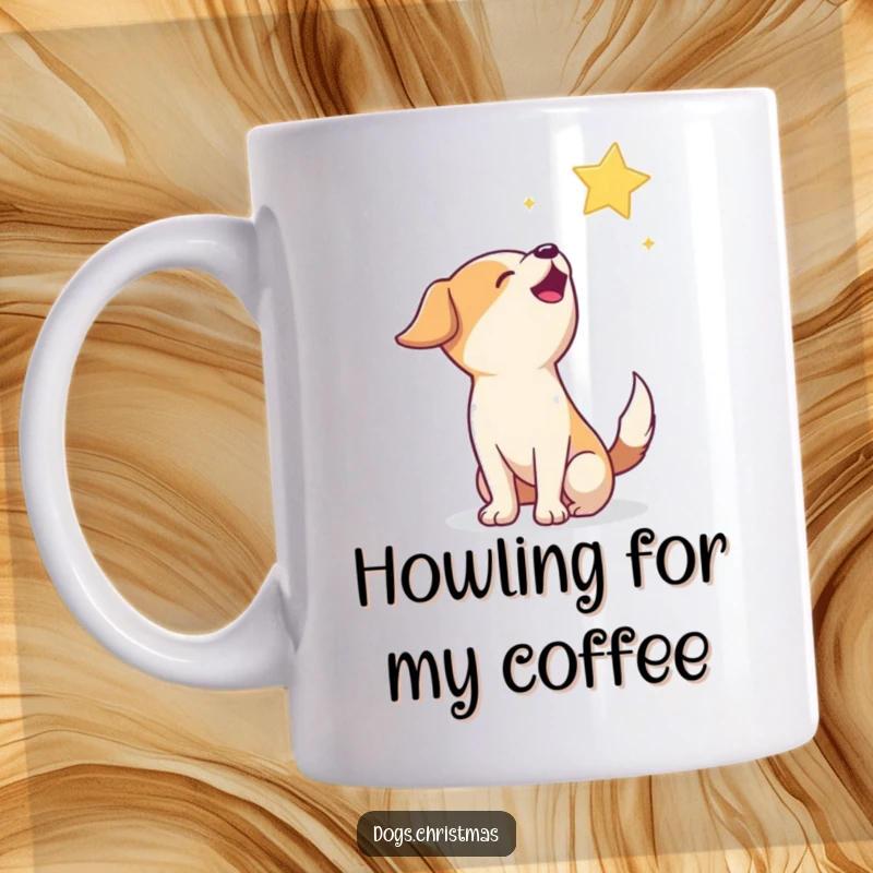 Funny Howling Dog Mug: A happy little dog howls joyfully at a twinkling star in a starry night sky.