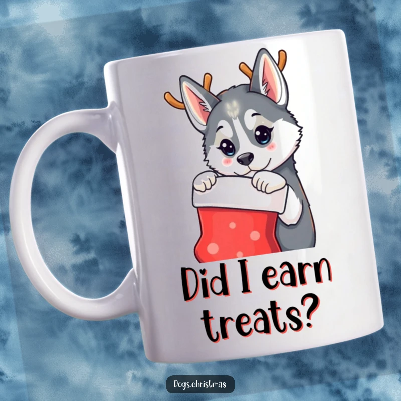 Funny Christmas mug featuring a husky dog wearing reindeer antlers, curiously gazing at a festive stocking, embodying holiday wonder.