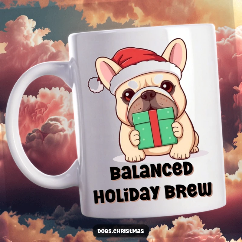 Funny kawaii bulldog wearing a Santa hat, comically attempting to balance a gift box on its nose with a determined look.
