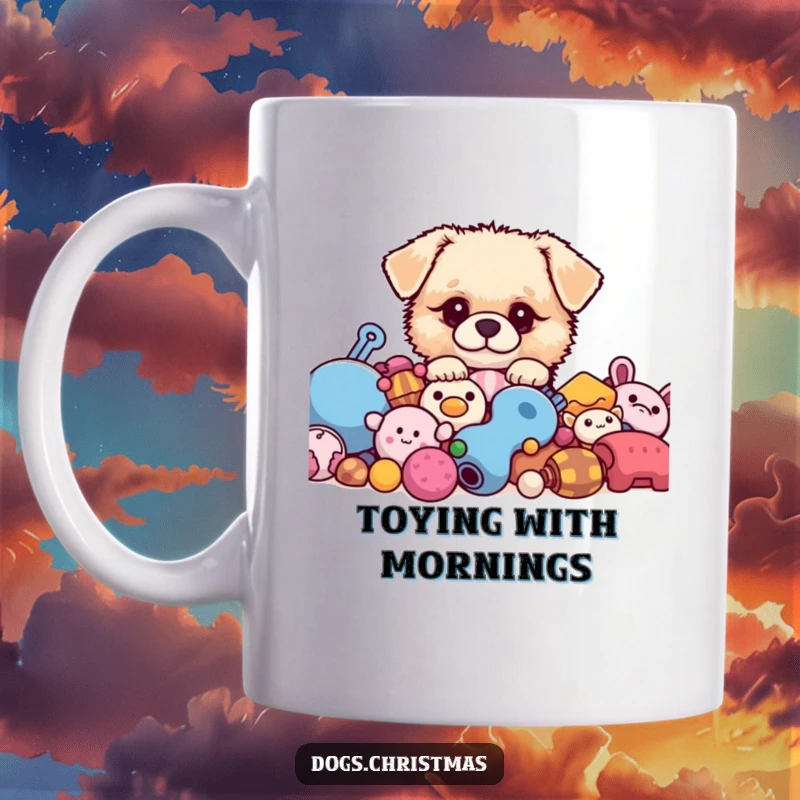 Funny kawaii dog peeking from behind a pile of toys, fluffy toy surprise mug, cute dog art, perfect gift.