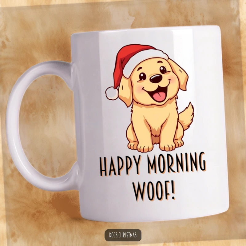 Funny, excited kawaii golden retriever in a Santa hat wagging its tail, mouth open, on a mug.