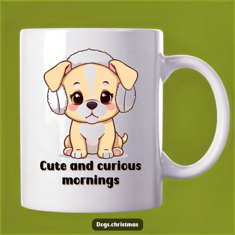 Funny Kawaii Puppy Earmuff Mug: Curious Dog Drinkware, Adorable Festive Funny Gift