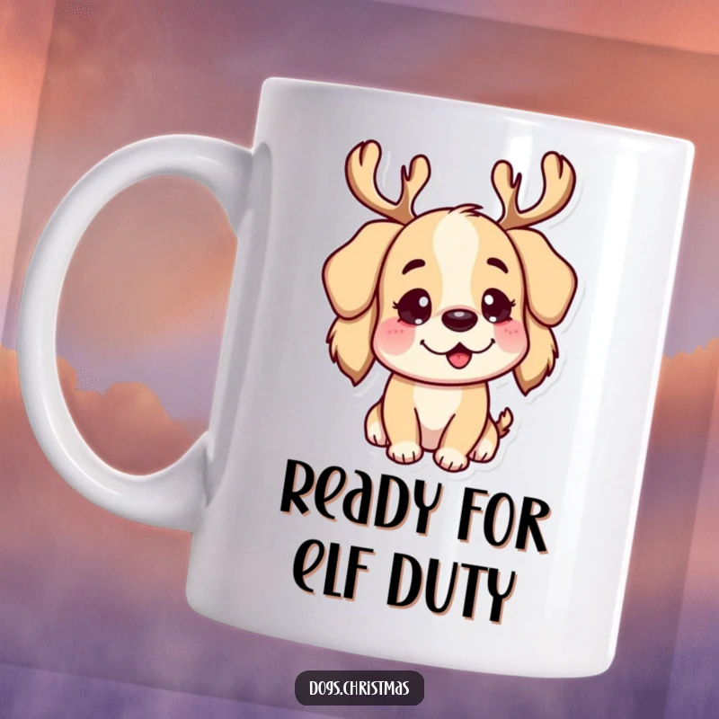Funny Mug: A happy dog character wearing festive reindeer antlers, looking playfully at the viewer, embodying holiday cheer.