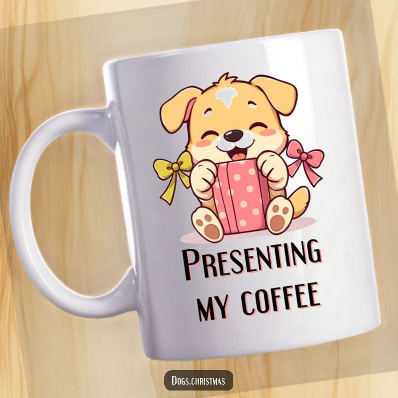 Funny Unwrapping Dog Mug: A happy dog uses its paws to gleefully open a wrapped present, showcasing festive excitement.