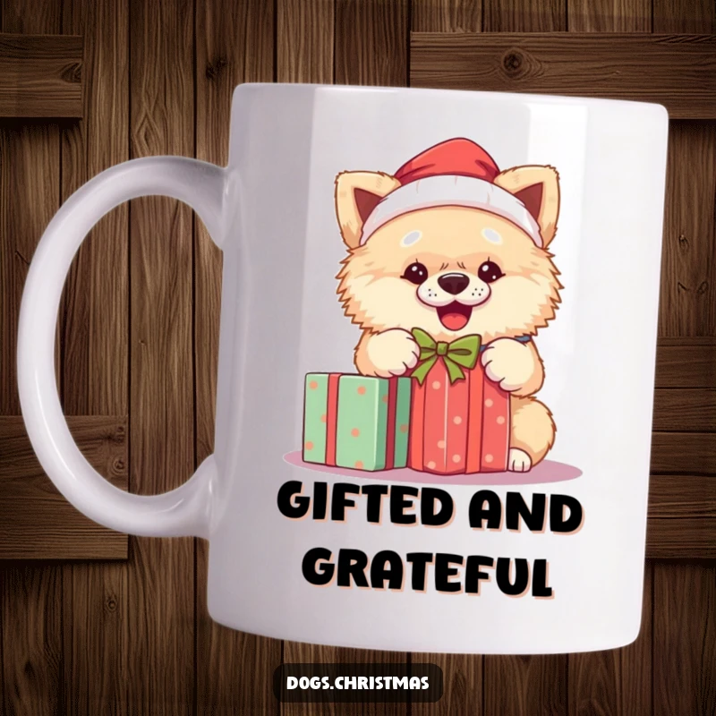 Funny Santa dog mug featuring a fluffy dog in a Santa hat, ecstatically unwrapping a gift with pure holiday delight.