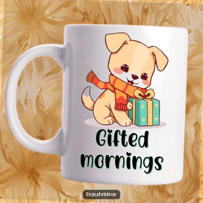 Funny kawaii dog wearing a scarf, playing with a gift box, festive holiday mug, perfect gift for dog lovers.