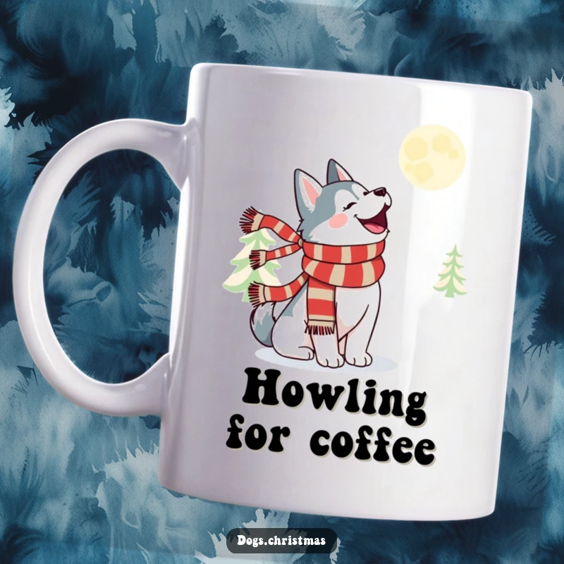 Funny kawaii husky wearing a festive scarf, joyfully howling at a bright moon under a starry night sky.