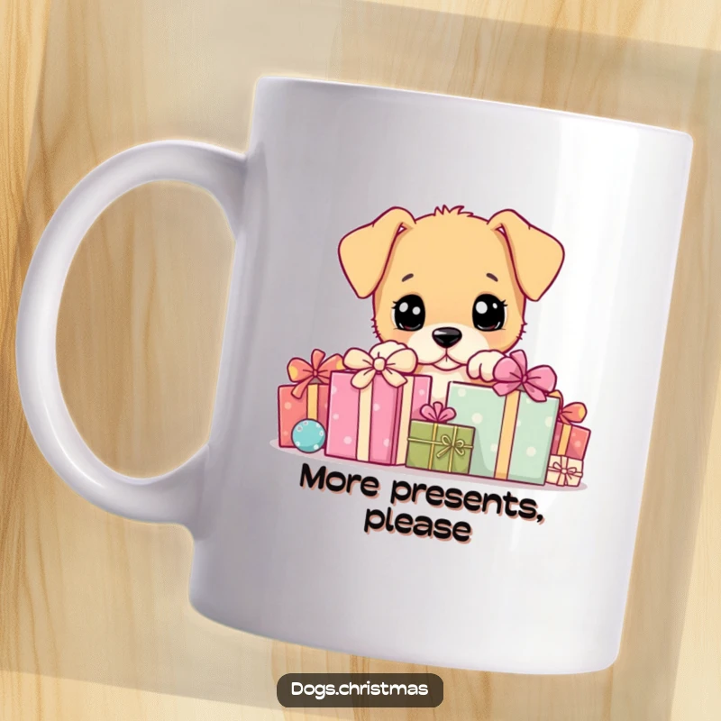 Funny Mug: Cute puppy peeking excitedly from behind a mountain of wrapped gifts, embodying anticipation and holiday cheer.