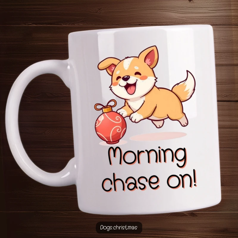 Funny kawaii dog excitedly chasing a rolling ornament, playful bark, festive holiday mug, perfect Christmas gift.
