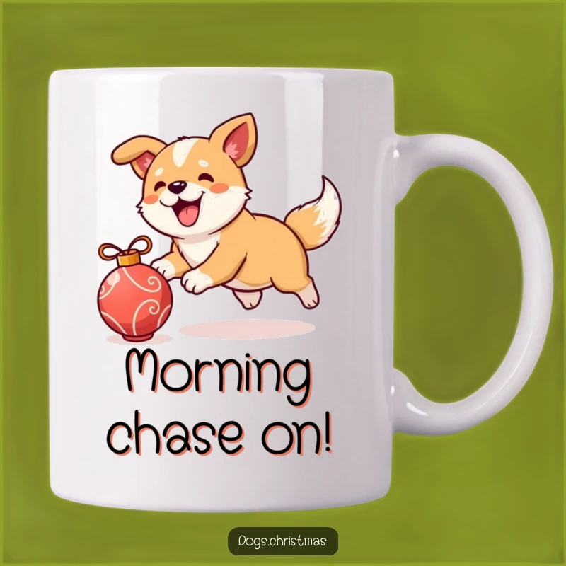 Funny Christmas Dog Mug, Playful Pup Ornament Chase, Festive Gift