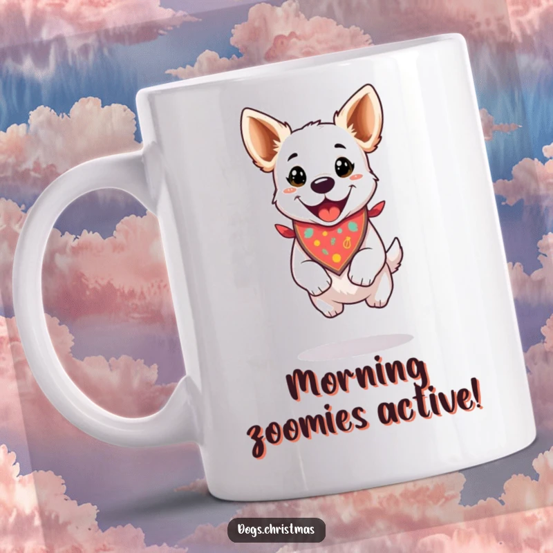 Funny mug featuring a dog wearing a festive bandana, performing a joyful, happy jump.