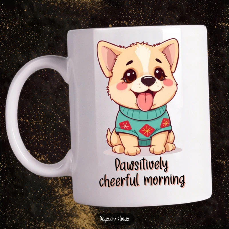 Funny Dog Mug featuring a cute dog wearing a festive sweater and panting happily, radiating pure joy.