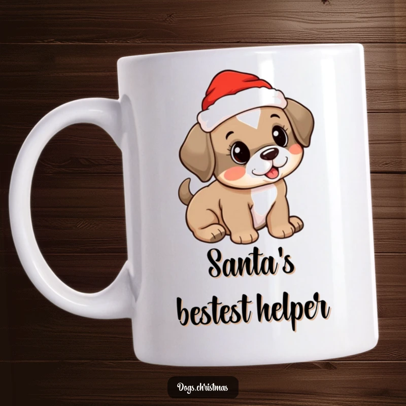 Funny puppy wearing a Santa hat, wagging its tail happily on a Christmas mug, conveying festive joy and cuteness.