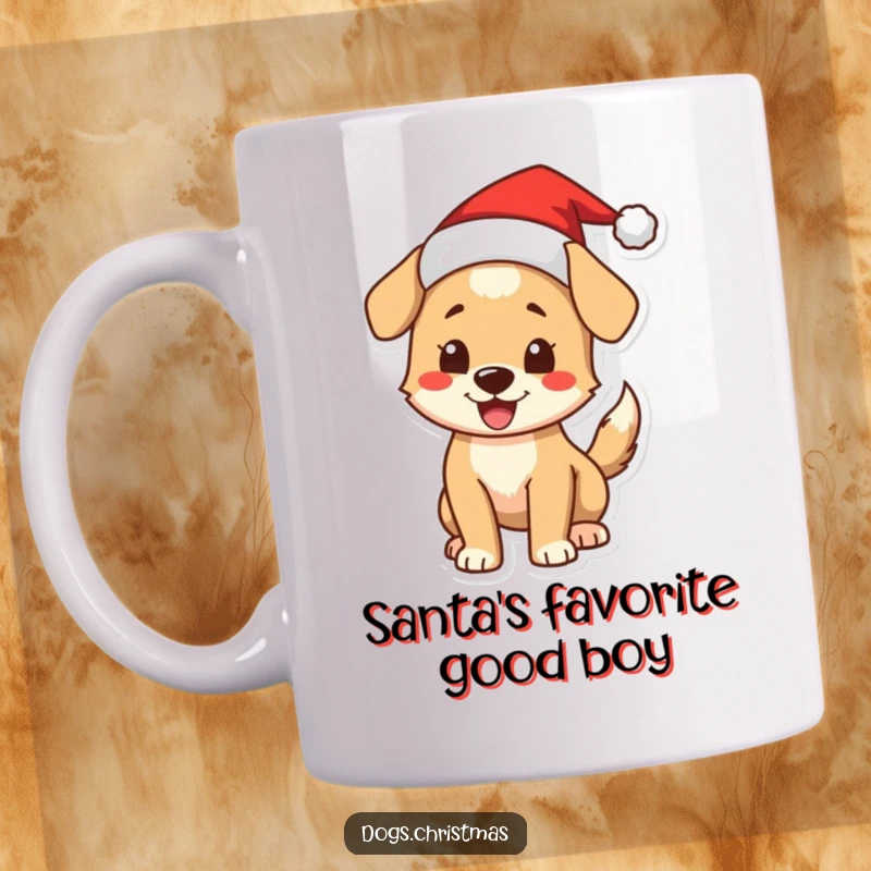 Funny Christmas Dog Mug: A happy dog wearing a Santa hat wags its tail excitedly, perfect for holiday cheer.