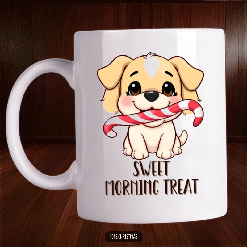 Funny Dog Mug: A happy dog with a big smile holds a red and white striped candy cane in its mouth.