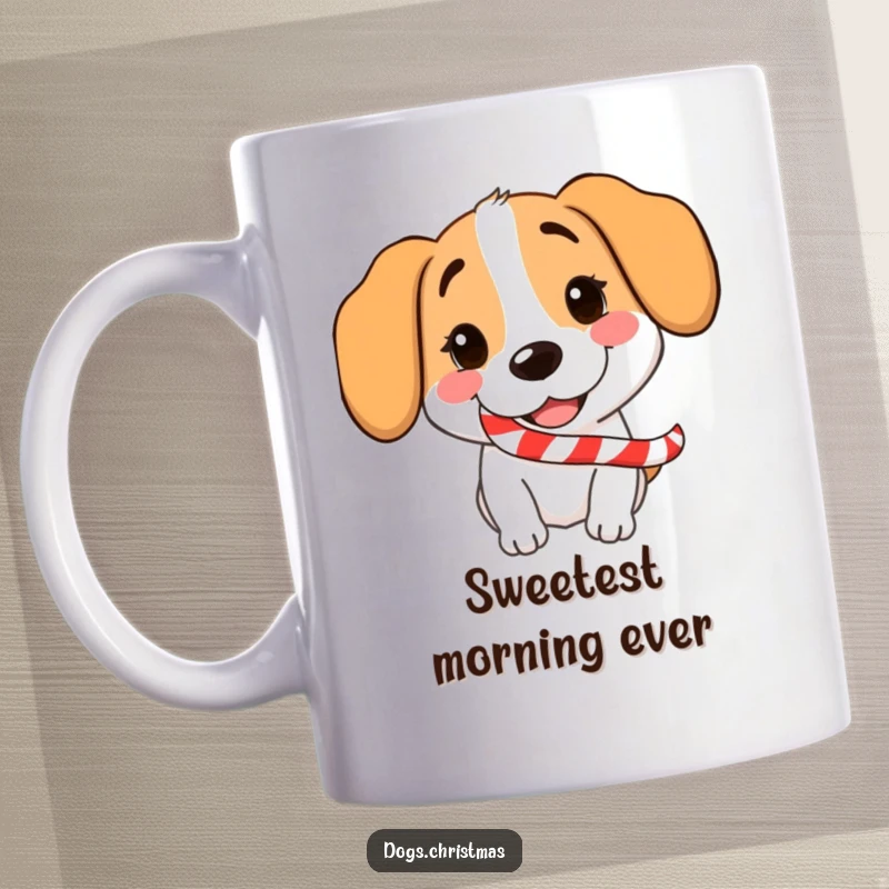 Funny Dog Candy Cane Grin Mug featuring a happy, grinning dog with a candy cane in its mouth.
